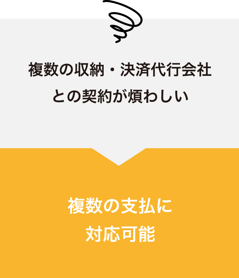 複数の収納・決済代行会社との契約が煩わしい→複数の支払に対応可能